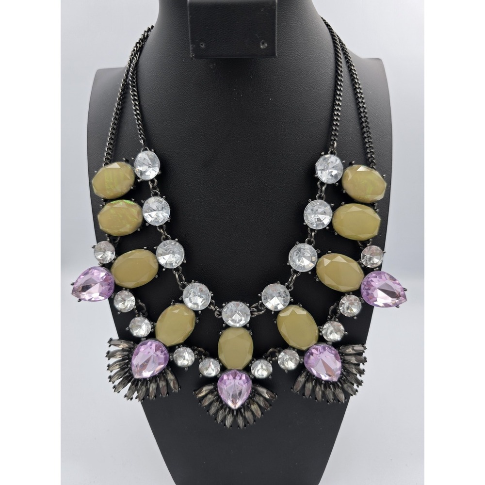 Statement Bib Necklace Multi-Color Rhinestone & Cabochon Fashion Jewelry - Picture 6 of 16